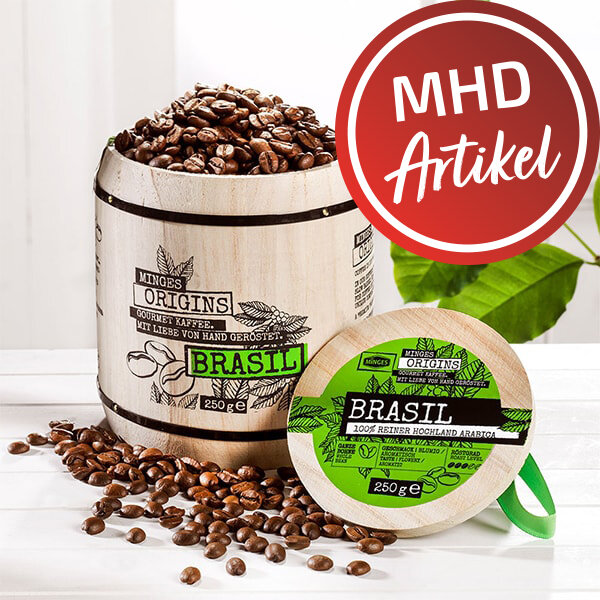 Kaffeebohnen Minges BRASIL Hochland Arabica im Holzfass 250 g - MHD: 31.08.2021