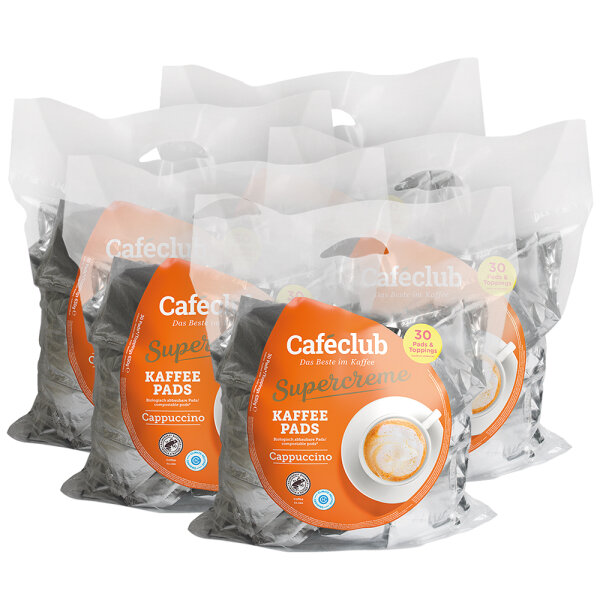 5 x Caféclub CAPPUCCINO Megabeutel (je 30 x Kaffeepads und je 30 x Topping mit Milchschaum)