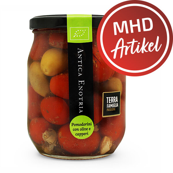 Antica Enotria - Kirschtomaten mit Oliven und Kapern in Lake - 580 g - MHD: 31.08.2023